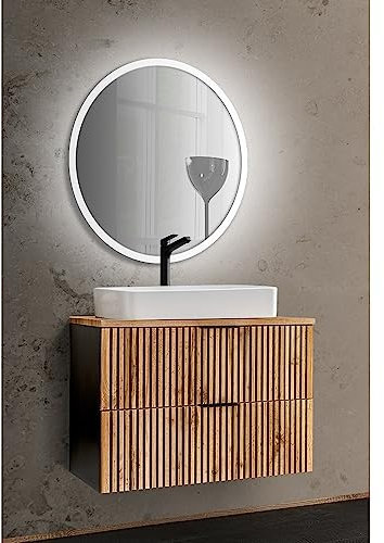 Lomadox Badmöbel Waschplatz Set Waschtisch Unterschrank 80 cm Aufsatzwaschbecken Keramik Spiegel rund anthrazit Wotan Eiche Nb. schwarz MDF Fronten Rillen