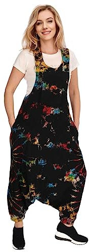 Kunst und Magie Tie Dye Batik Latzhose Damen Haremshose Hose Psy Goa 70er Overall Boho Jumpsuit Bunt, Größe:L/XL, Farbe:Mehrfarbig