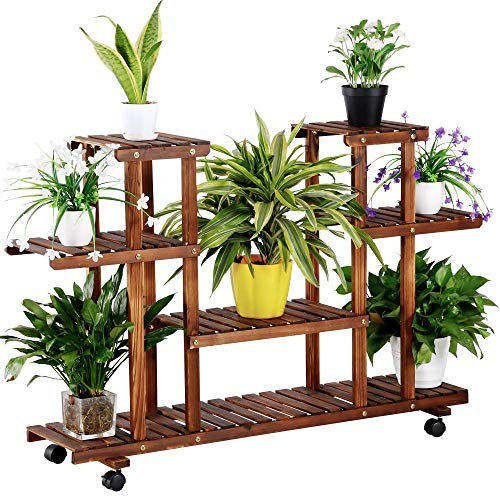 Abician Étagère Plantes Étagère Fleurs en Bois Support de Pots à Roulettes Intérieur avec 6 Tablettes pour Balcon Terrasse Maison Jardin 124 × 33 × 80cm