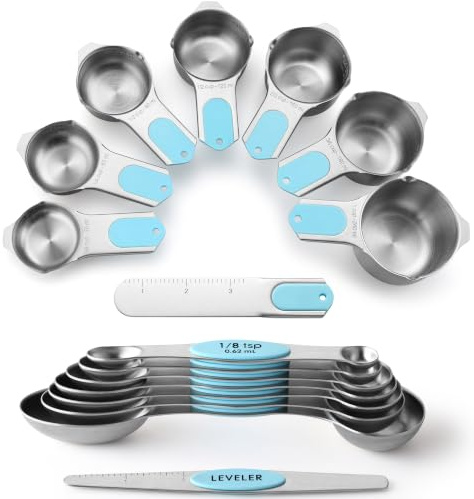 Spring Chef Magnetisches Messbecher- & Löffel-Set (zum Patent angemeldet), starke Magnete, robuster Edelstahl, passt in Gewürzgläser zum Backen & Kochen, BPA-frei, rund, 15er Set mit Nivellierer, Aqua