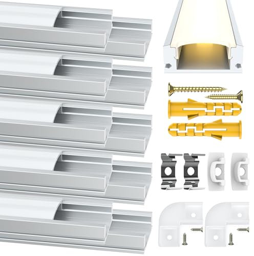 Angdarun LED Profil 12 mm 10 Pack x 1M, für Led Streifen kanal U Form Aluminium Profil mit Abdeckung, mit Milchige Weiß Led Strip Abdeckung Montageclips und Eckverbindern