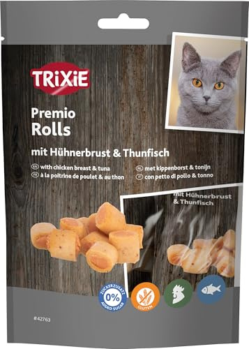 TRIXIE Katzenleckerli Premio Chicken & Tuna Roll mit Huhn – 50 g | Leckere Belohnung für jeden Tag – saftig, handlich aufgewickelt, ideal für zwischendurch, mit Huhn und Thunfisch