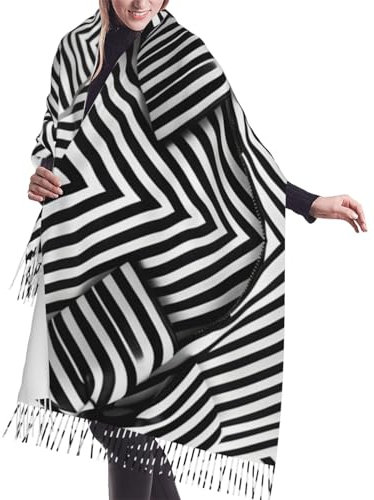 SSIMOO Blauer Schal mit Libelle, Kaschmir-ähnlicher Fransen/warmer Schal, stylen und warm bleiben mit diesem exquisiten Accessoire, Schwarz/Weiß, gestreift, One size