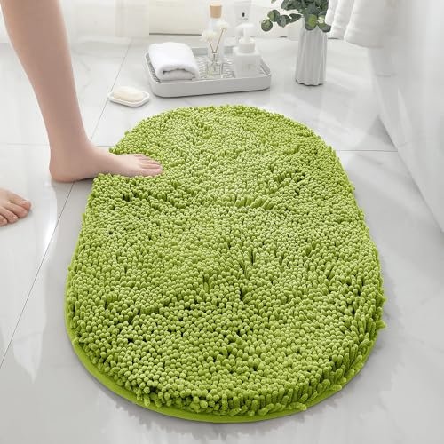 Mateju Tapis de Bain Antidérapant, Ovale Tapis Salle de Bain Absorbant en Microfibre Chenille Tapis de Douche, Doux et Confortable Tapis de Sol Lavable (50x80CM,Vert Tilleul)