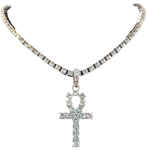 FUSHENGTER Halskette Herren Pulloverkette Damen Anhänger Frauen Männer Männer Hip Hop Ankh Kreuz Anhänger Halskette Mit 4Mm Tennis Kette Iced Out Bling Halsketten Hiphop Mode Geschenk