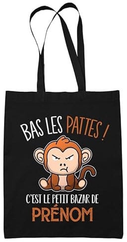 Planetee Tote bag Noir prénom personnalisable bas les pattes Singe | Sac Cabas en toile à personnaliser Prénom Surnom Nom de Famille Anniversaire Noël