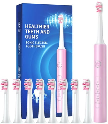 Electric Toothbrushes with 8 Replacement Brush Heads and 5 Brushing Modes,40,000vpm,Electric Toothbrush for Adults and Kids with 60 Days Battery Life,2 Minute Smart Time(Pink)