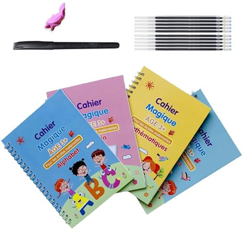 Cahier Écriture Française 4 Volumes de Groove Calligraphy Francais French Cahier Apprentissage Ecriture Cahiers D’exercices Magiques Cahier de Calligraphie Réutilisé (Avec 10 Recharges)