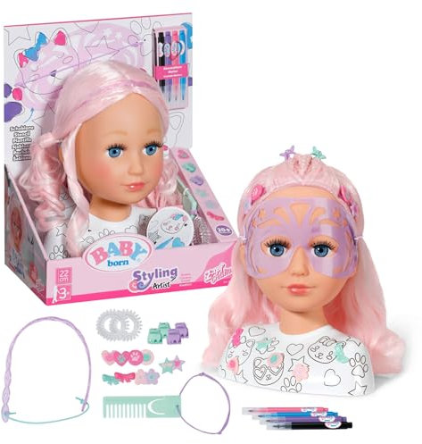 BABY born Stylingkopf Kreativ, Frisierkopf zum Bemalen mit hochwertigem rosa Haar und über 20 Accessoires, 836033 Zapf Creation