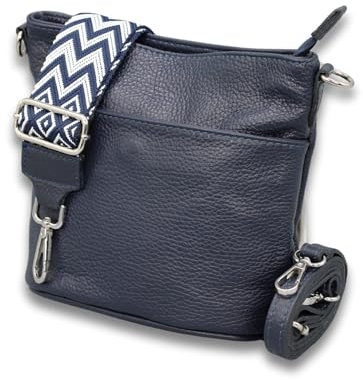 ADEL Damen Umhängetasche Echtes Leder LINA Handgemachte Crossbody Bag 4 Fächer Schultertasche mit Ledergurt + Breitem Gemustertem Riemen wasserdichte Stylische Made in Italy (Navyblau)