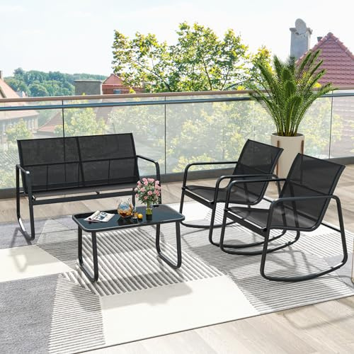 GIANTEX 4 tlg. Gartenmöbel Lounge Set, Gartenlounge Set mit Couchtisch & Gartenbank & 2 Schaukelstühlen, Textilene Balkonmöbel mit sanfter Schaukelbewegung, Terrassenmöbel Garten Sitzgruppe 4 Personen