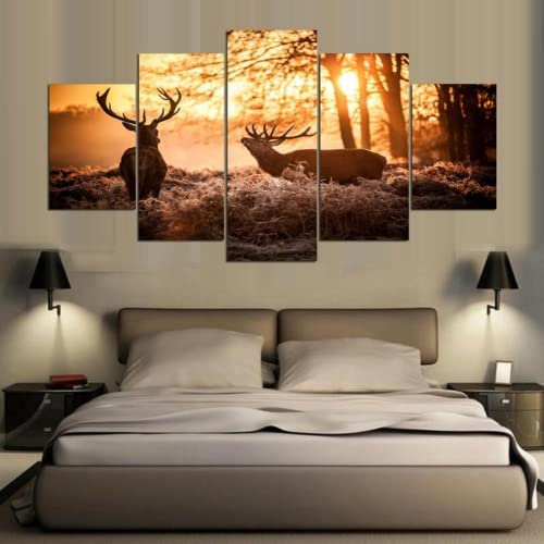 Wandbild Tier Elch Sonnenuntergang Natur Landschaft Leinwandbild 5 Tlg Kunstdruck Modern Wandbilder Wanddekoration Design Wandkunst 5 Stücke Leinwand Wohnzimmer Dekoration 150 X 80 Cm -3U8X+J1M5-