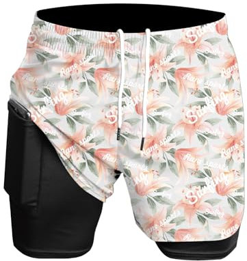 Herren Laufshorts 2 in 1 Shorts Gym Athletic Shorts Outdoor Marathon Workout Trainingsshorts weiße Lilie M