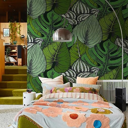 neukids 6-Sheets 39x243cm Peel and Stick Wallpaper,Floral Self Adhesive Wallpaper Emerald Green Palm Leaves,Sticky Back Wall Paper with Textured,Living Room Bedroom Office Kitchen Wallpapers Mural