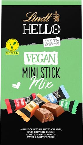 Lindt Schokolade HELLO Vegan Mini Stick Mix | 114 g | mit Kakao in den Sorten: Salted Caramel, Cookie, Roasted Salty Almonds, Sweet´n´Salty Popcorn | Schokoladengeschenk