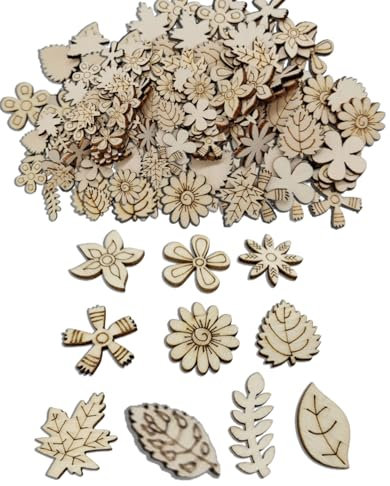 KGDUYC Adornos Artesanales Hojas de Madera - 100 pcs Formas de hojas de hierba Plantas Rodajas de Flores de Madera DIY para Árbol De Navidad Bodas Manualidades Decoración De Árboles De Mesa