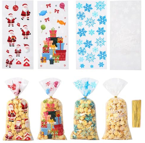 100 Stück Weihnachten Süßigkeiten Tüten, Cellophantüten, Schneeflocke Weihnachten Plätzchentüten, Kekse Goody Taschen mit 100 Stück Twist Krawatten für Plätzchen Kekse Pralinen (Merry Christmas - B)