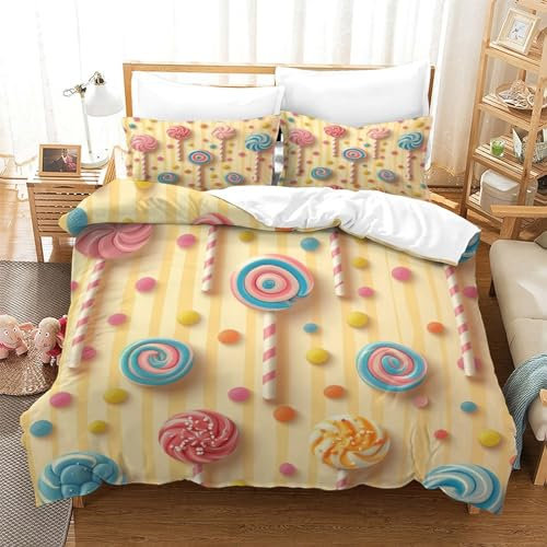 GZCVBDYUY Süßigkeiten Bettbezug Set Bettwäsche Set Kinderbettwäsche Reißverschluss Mit Kissenbezügen Betten Set Für Jungen Und Mädchen, Kinder Single(140x200cm)
