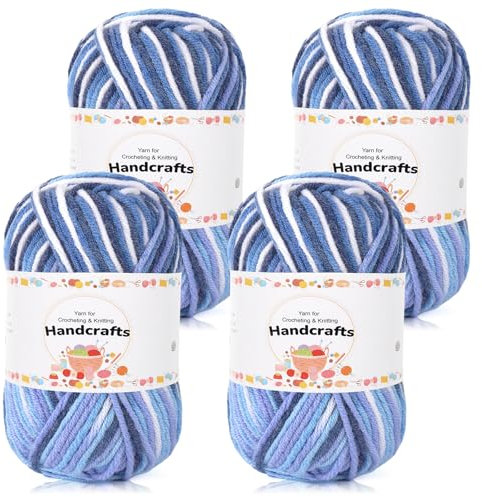 Aeelike 200g(4x50g) Häkelgarn Farbverlauf Baumwolle zum Stricken, Langlebige Amigurumi-Set Acryl Baumwollgarn, 5Ply Garn zum Häkeln für Socken, Mützen, Schals, Pullover, Puppen, Blau Weiß Blumen