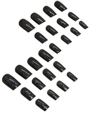 couduan 24pcs Black Glitter Press-On Nails, Medium Square False Nails With Glue, 1 Set, 24 Pieces
