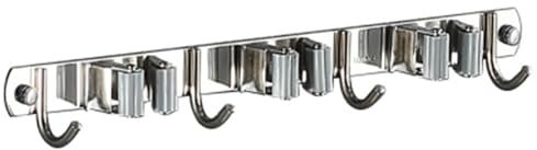 Colgador Escobas y Fregonas Soporte for fregona de escoba, colgador de pared for escoba, organizador de acero inoxidable, 3 estantes, 4 ganchos for baño, cocina, oficina, armario y jardín