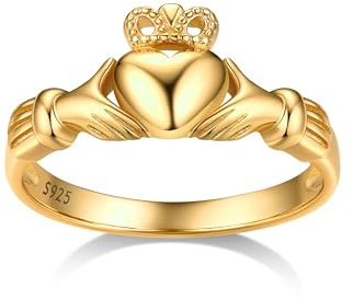 Bestyle Claddagh Ring Silber 925 Damen Irischer Fingerring mit Herz für Mädchen Krone Promise Ehering Trauring für Valentinstag Hochzeit, Gold, Ringgröße 62