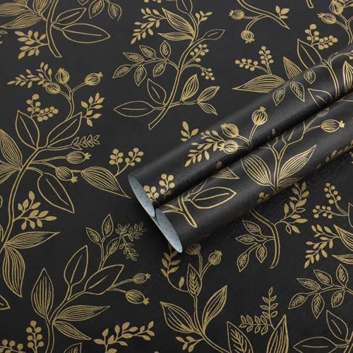 Fiula Black and Gold Peel and Stick Wallpaper Leaf Self Adhesive Wallpaper 44cm×300cm Tropica Furniture Sticker Waterproof Floral Contact Paper Covering Paper Vinyl Wrap for Bedroom Living Room
