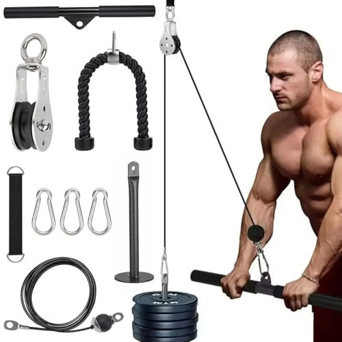 Forbabe Kabelzug Fitness,Latzug Fitness Pulley System mit Trizepsseil und Gerader Stange, DIY Rücken Arm Trainingsgerät Home Gym Workout Equipment