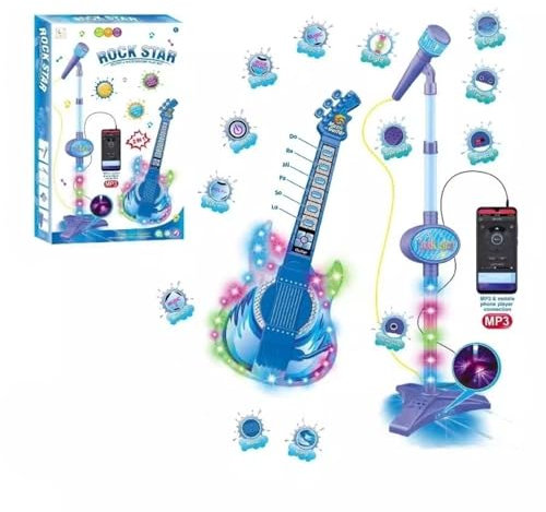 Juego de guitarra y micrófono para niños, juguetes de guitarra con música y luz colorida, micrófono de altura ajustable con soporte, máquina de karaoke, instrumentos musicales, micrófono de juguete