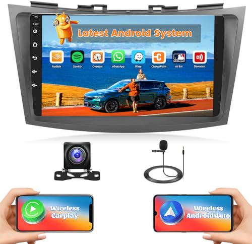 Hikity 2G+64G Autoradio Android 15 für Suzuki Swift 2012 mit 9-Zoll-Touchscreen, Radio 2 DIN mit Wireless Carplay Android Auto RDS/FM-Radio BT GPS WiFi+Rückfahrkamera+MIC