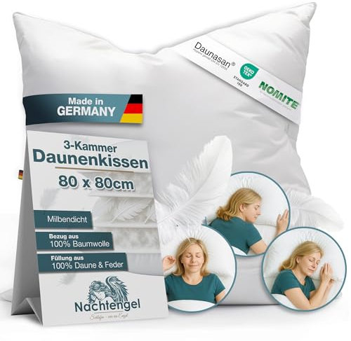 Nachtengel Daunenkissen 80x80 – 3-Kammer Kopfkissen aus 100 % Daunen & Federn – weiches Hotelbettkissen Made in Germany, atmungsaktives Federkopfkissen für alle Schlaftypen (1 Stück, weiß, 80x80cm)