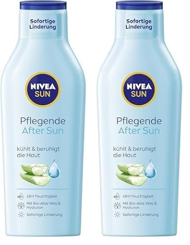 NIVEA SUN Pflegende After Sun Lotion, Körperlotion mit hautberuhigender Wirkung nach dem Sonnenbad, After Sun mit Bio-Aloe Vera und Hyaluron für 48h Feuchtigkeit (400 ml) (Packung mit 2)