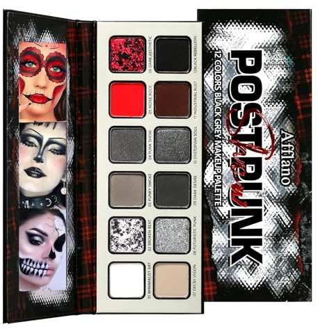 Afflano Palette di ombretti nero bianco grigio bianco bianco nero rosso goth halloween eyeshadow pallet argento glitter rosso palete colorato emo grunge gotico smokey occhi horror vampir zombie trucco