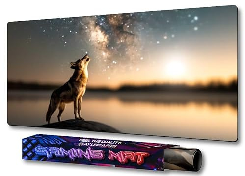 HUBDECO Schutzunterlage für den Schreibtisch - Schützt Schreibtisch vor Kratzern - Langlebig, Hitzebeständig - Pflegeleicht, Wasserfest - Mauspad - 70x35cm - Einsamer Wolf Heulen Sterne