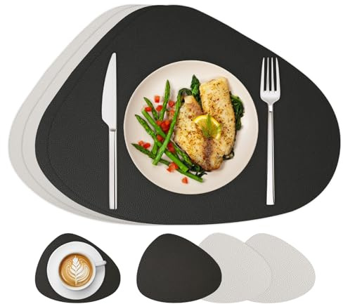 Famibay Platzsets Abwaschbar Tischsets Leder Platzdeckchen rutschfest Beige Grau Tischset und Untersetzer 4er Set Rund Hitzebeständig Für Tisch Deko Esstisch Esszimmer