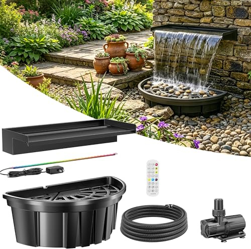 POPOSOAP Teich-Wasserfall-Set, 6000 l/h selbstkreislaufendes Wasserfeature | mit bunten LED-Lichtern, teichfreier Wasserfall ohne zusätzlichen Bauaufwand, für Garten & Hinterhof Deko