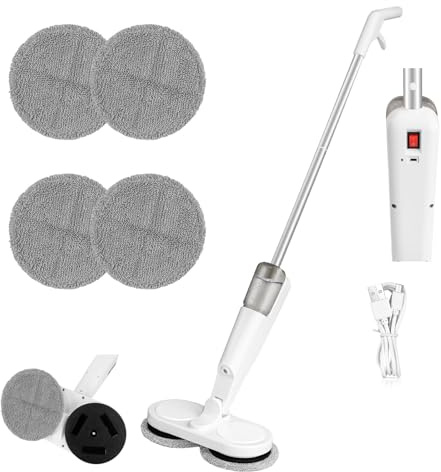 Cordless Mop Electric Mop 7.4V 2000mAh Lithium Battery 200ml Water Tank 1 Hour Runtime Dry & Wet Mopping White