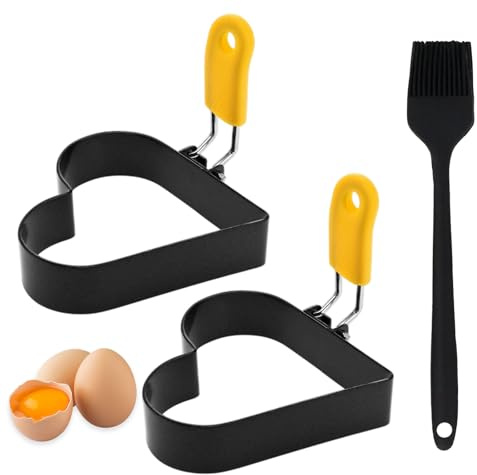 MENUY 2 Stück Spiegeleiform Herzform aus Edelstahl, Pfannkuchen- und Eierform mit Klappgriff, inkl. Silikon-Ölpinsel, Herz Frühstücksform für Pfanne und Bratpfanne