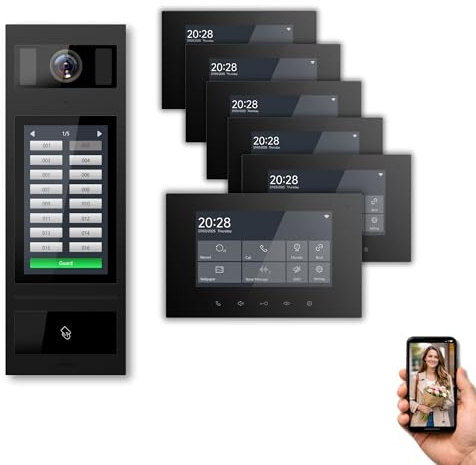 SCHUTZER Video-Türsprechanlage 6 Familienhaus, 2-Draht Bus Türsprechanlage mit Kamera, 6x7 Zoll WiFi Innenmonitor Schwarz, Videotürklingel mit Monitor, Sprechanlage mit Türöffner, RFID