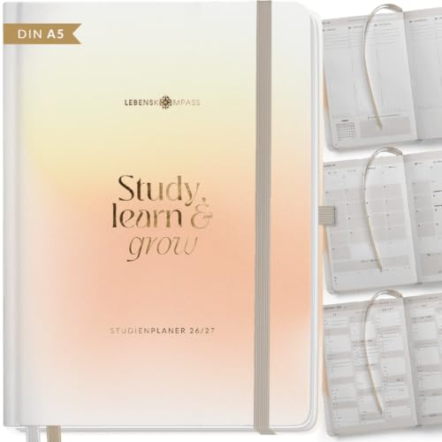 Lebenskompass® Studienplaner 2026/2027 A5 Glow – Semesterplaner für Uni & Studium, Wochen-/Monatsübersicht, Stundenplan, Notenlisten, Reflexion, Hardcover mit Goldprägung