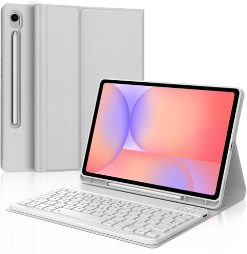 Keyboard Case for Samsung Galaxy Tab S10 Lite/S10 FE/S9 FE 10,9/S9 11 | Magnetically Detachable, UK Layout, Wireless Bluetooth Keyboard, with Pencil Holder, Light Gray