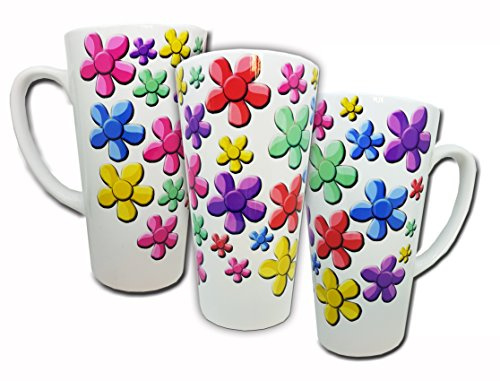 KAZMUGZ Beautiful Colorful FLOWER, Tall Latte Ceramic Mug. Impressive 17oz size coffee tea or hot chocolate latte mug. Colourful daisies decorate This lovely Latte Mug. HAND WASH ONLY