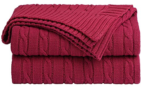 sourcing map Cotton Cable Knit Throw Blanket Soft Throw Couch Covers Decors Knitted Blankets for Sofa Bed, Red Full(70 x 78)