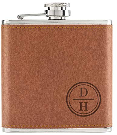 Personalised Custom Initials Circle 6oz PU Leather Hip Flask Tan
