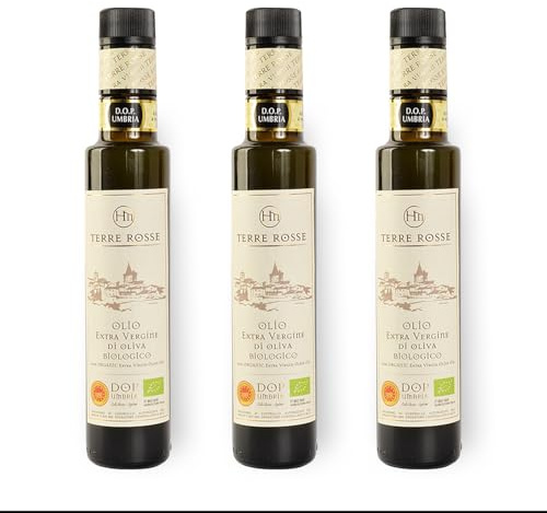 Terre Rosse - Italienisches Natives Bio Olivenöl Extra Kaltgepresstes - Monocultivar Moraiolo - DOP Umbria Colli Assisi Spoleto und Koscher/P Zertifizierungen - Olivenernte 2024-3 Flaschen 250 ml