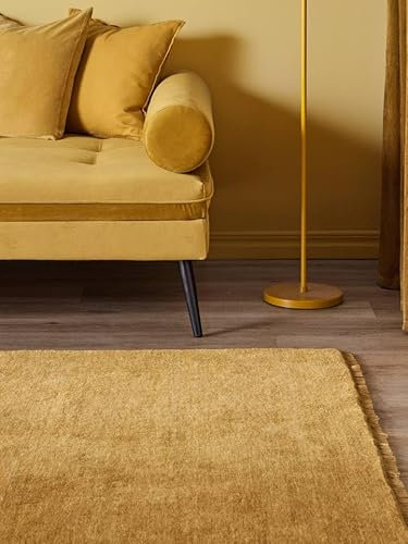 RugVista, Handloom Fringes, Teppich, Mittelflor, 140 x 200 cm, Rechteckiger, Wolle, Flur, Schlafzimmer, Küche, Wohnzimmer, Gelb, Hellbraun