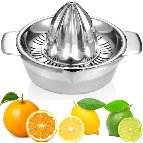 Exprimidor manual de acero inoxidable 304 de Citrus Lemon Orange Exprimidor de mano Lima Prensa de pomelo Colador con recipiente de jugo de 12 oz, Ø 10 pulgadas, 2 boquillas de vertido, apto para