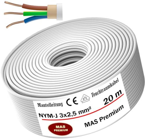 Cable de alimentación Mas-Premium® para ambientes húmedos con cable eléctrico para instalación por encima y por debajo de yeso en ambientes secos y húmedos fabricado en Alemania (NYM-J 3x2,5mm² 20m)