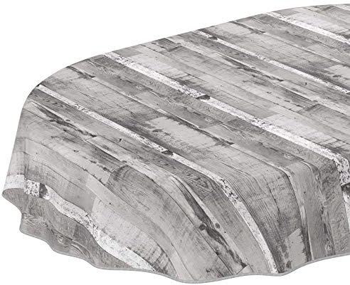 Wachstuch Tischdecke oval mit Einfassung – Holzoptik Grau Weiß – PVC-Tischdecke abwaschbar & robust – modern für Innen & Außen 180 x 140 cm (Oval)
