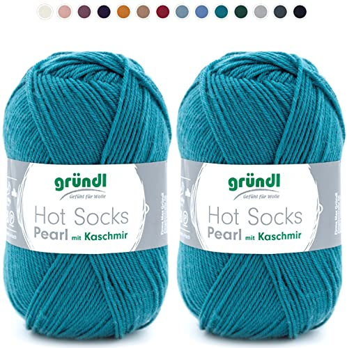 theofeel Set | 2x50g Merino Sockenwolle mit Kaschmir | Gründl Hot Socks Pearl 04 türkis petrol | Strumpfwolle mit Kaschmirwolle | Cashmere Sockengarn zum Stricken oder Häkeln